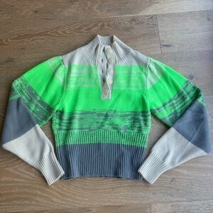 Neon Green Stripe Button-Neck Cropped Knit Sweater